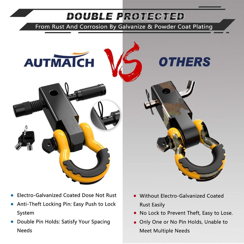 AUTMATCH Shackle Hitch Receiver 2 Inch - 3/4"" D Ring Shackle and 5/8"" Trailer Hitch Lock Pin  45 000 Lbs Break Strength Heavy Duty Receiver Towing Kit for Off-Road Vehicle Recovery  Black & Yellow - Image 5